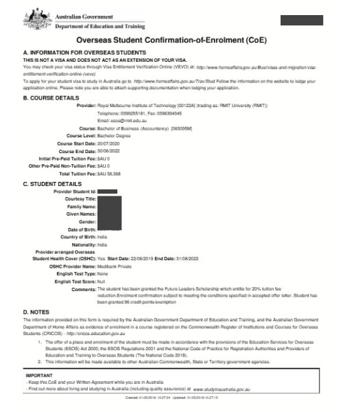 Australia Confirmation of Enrolment CoE sample