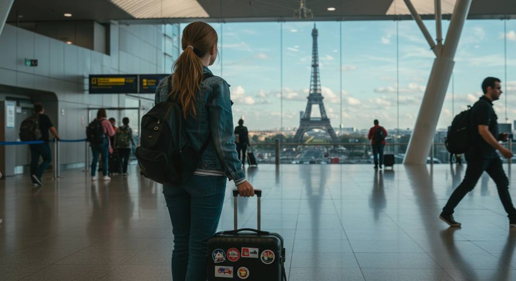 student at airport departure suitcase