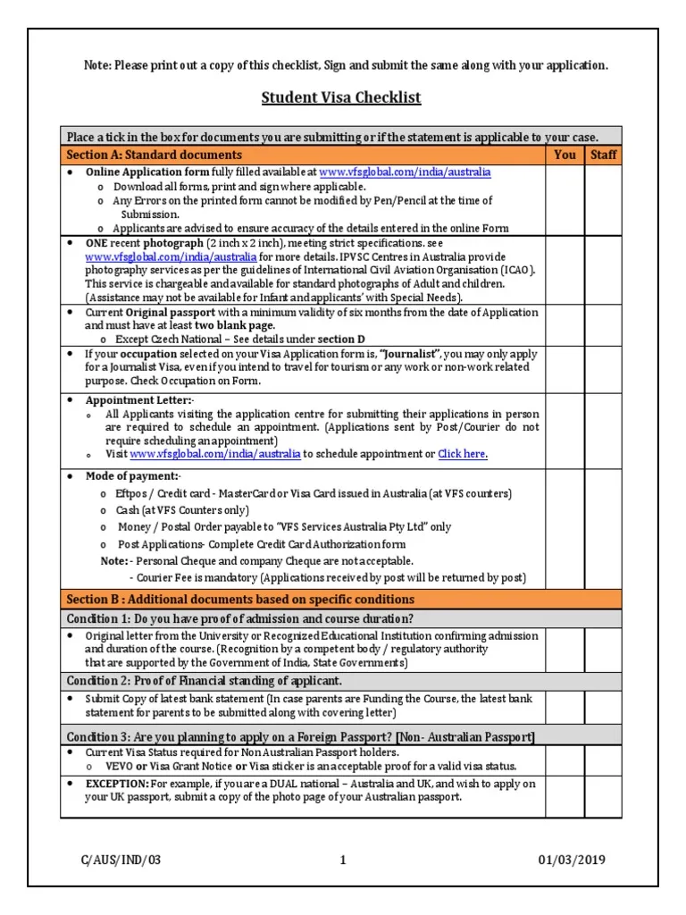 visa application form student documents checklist