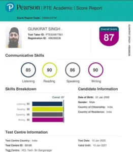 Example of an official Pearson PTE score report layout.