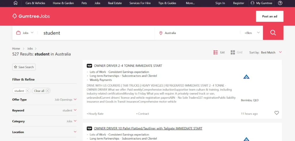 Gumtree helps international students find flexible part-time and freelance jobs near campus.