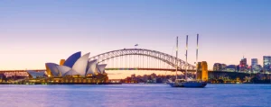 Aerial view of Sydney skyline with Harbour Bridge and Opera House
