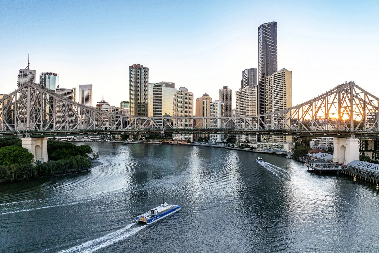 Brisbane city skyline with Story Bridge and Brisbane River