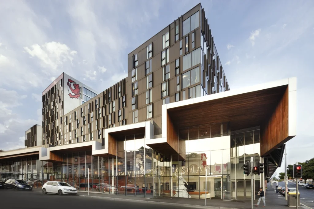 Exterior of residential, student style apartment building in Hobart suburb