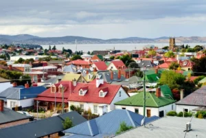 Residential houses in Hobart suburb, detached houses with front yards