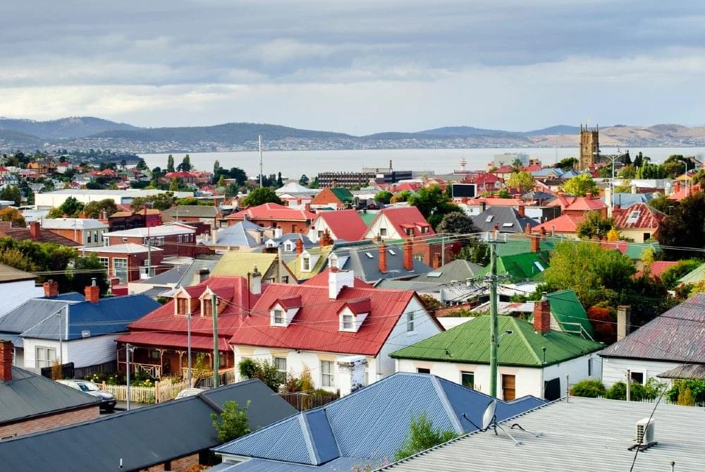 Residential houses in Hobart suburb, detached houses with front yards