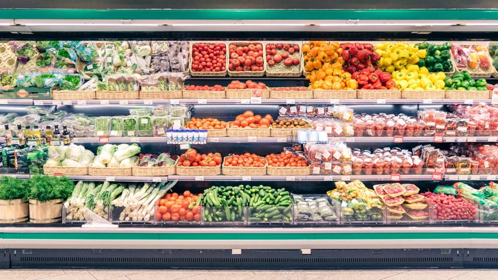 Supermarket grocery aisle with fresh produce in Australia