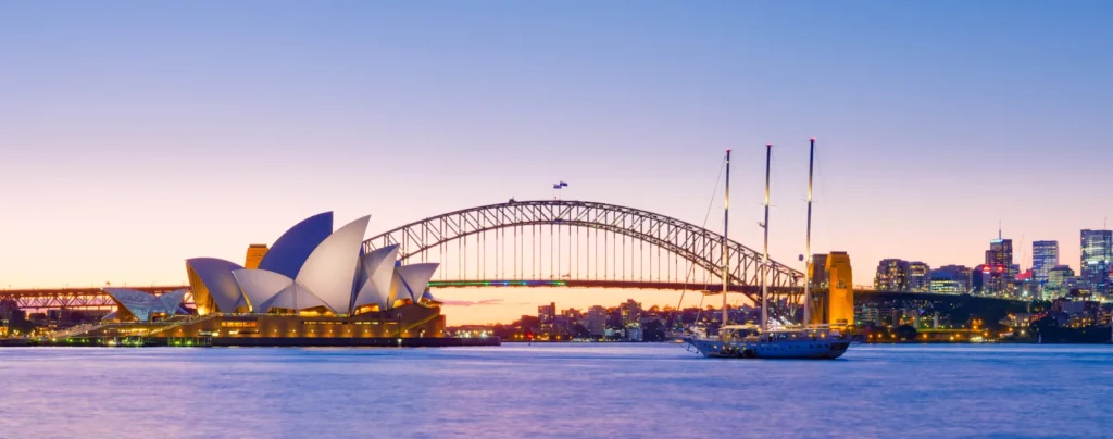 Aerial view of Sydney skyline with Harbour Bridge and Opera House