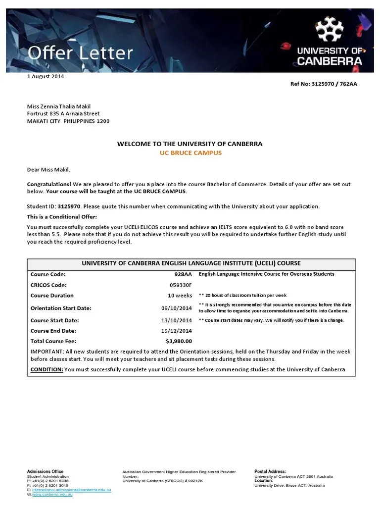 Australia university offer letter sample