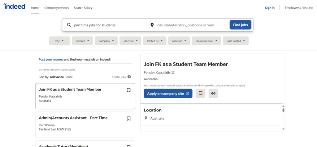 Indeed Australia connects students with part-time and casual job openings nationwide.