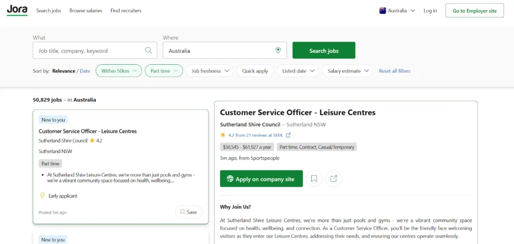 Jora offers quick job listings suitable for students balancing study and part-time work.