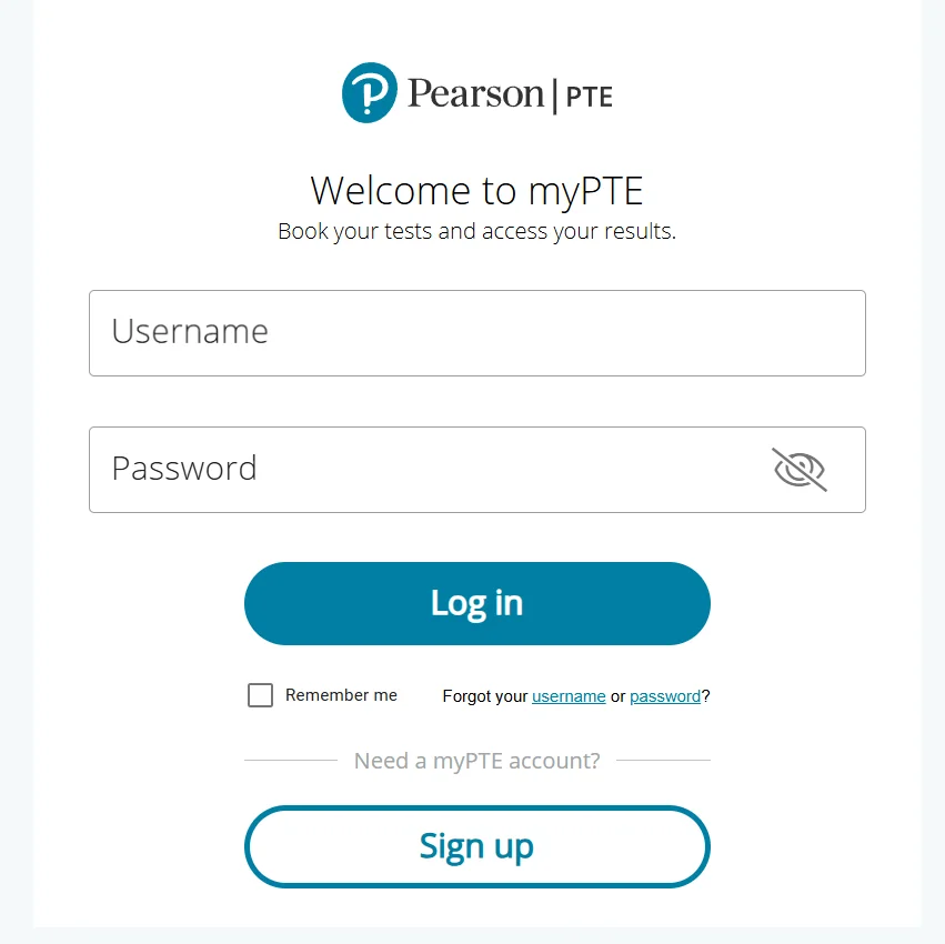 Login page of Pearson PTE portal.