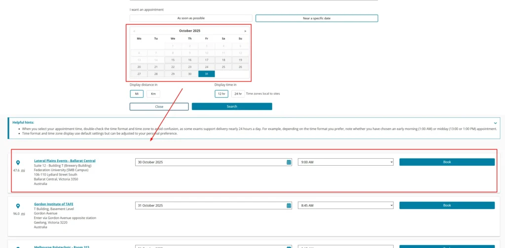 PTE select test centre and test date
