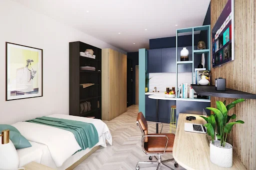 Purpose-built student apartments in Sydney with shared study and social areas.