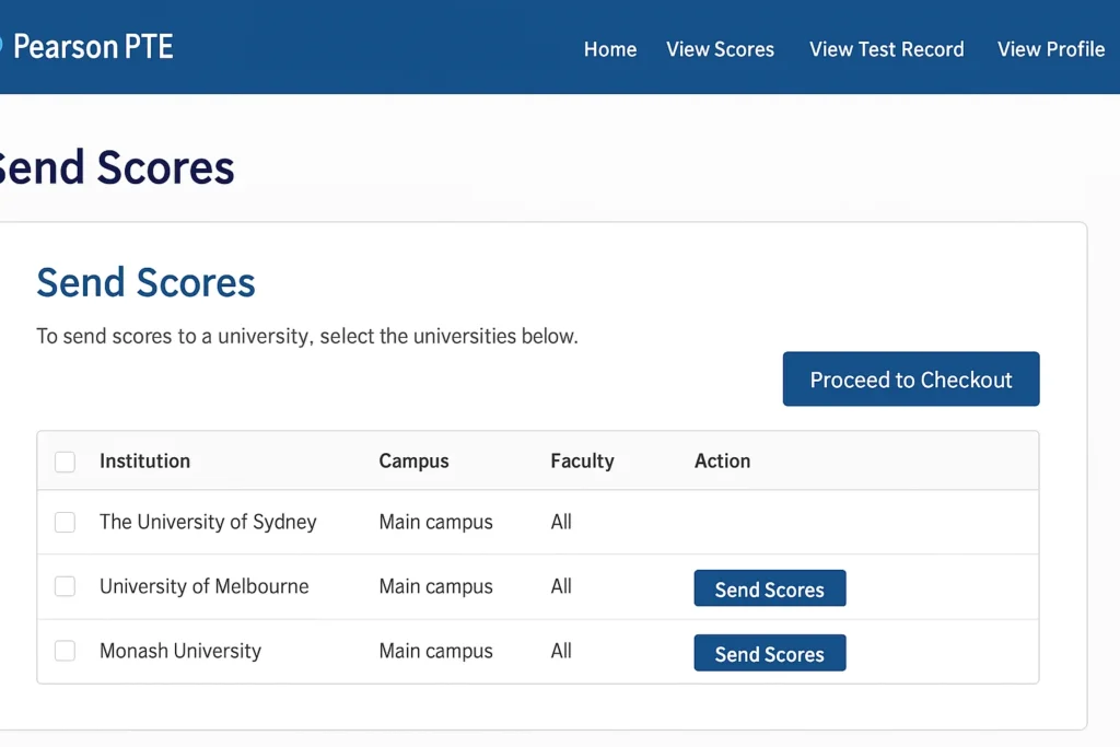Selecting universities to send PTE test scores online.