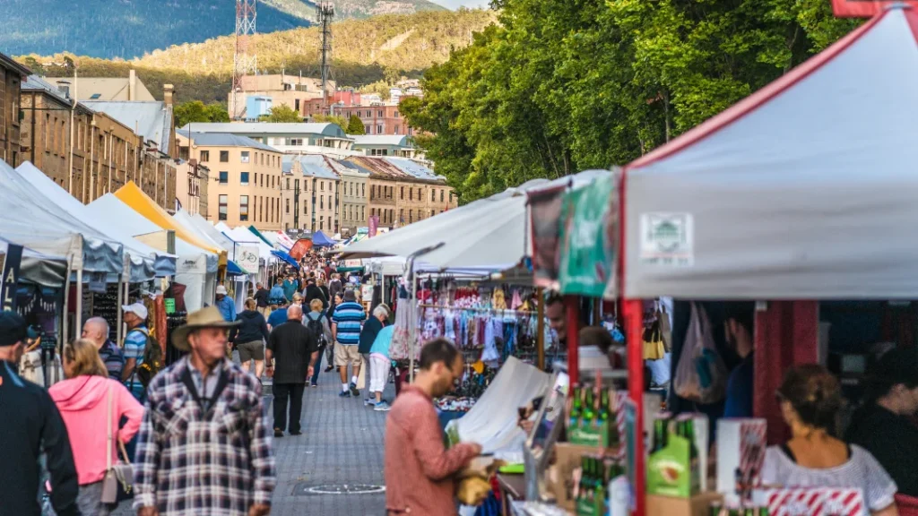 Street view of Salamanca Market Hobart on a busy market day