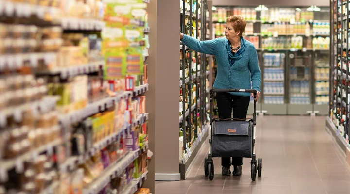 Supermarket grocery aisle, shopping for food and groceries