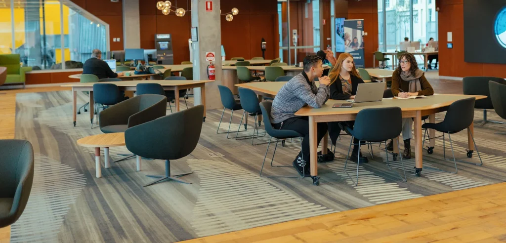 University library or study room - student studying with books and laptop