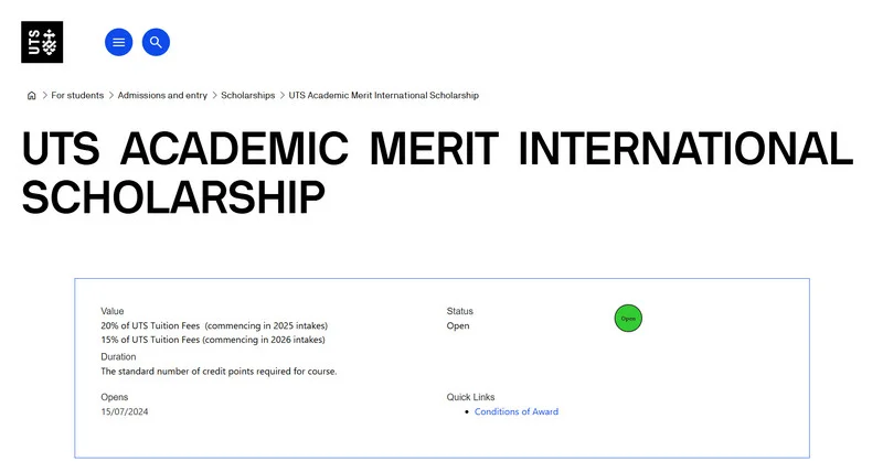 UTS Academic Merit International Scholarship